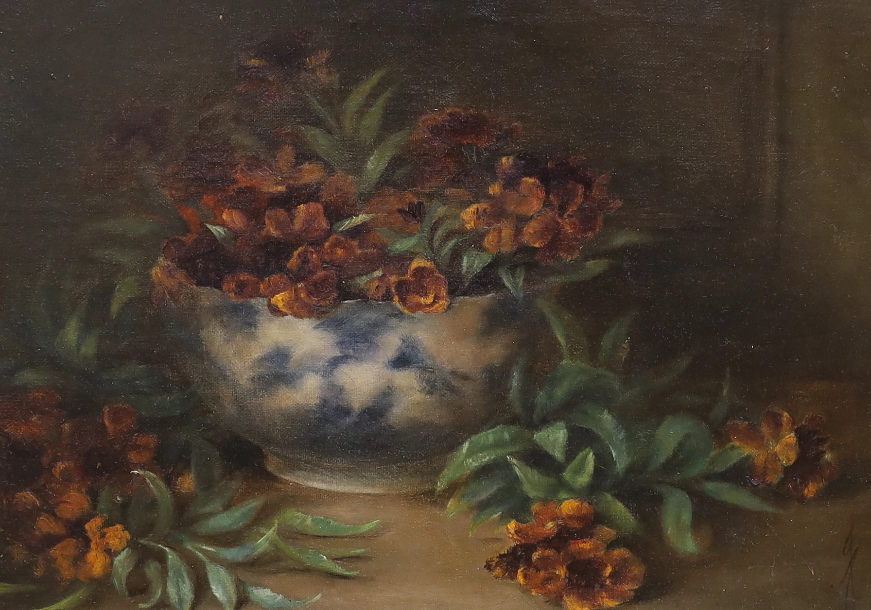 English School, oil on canvas, Still life of flowers in a bowl, indistinctly signed with monogram, 27 x 37cm